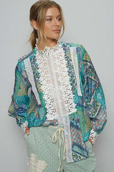 POL Lace Detail Printed Button Down Shirt Teal OutfitFlow